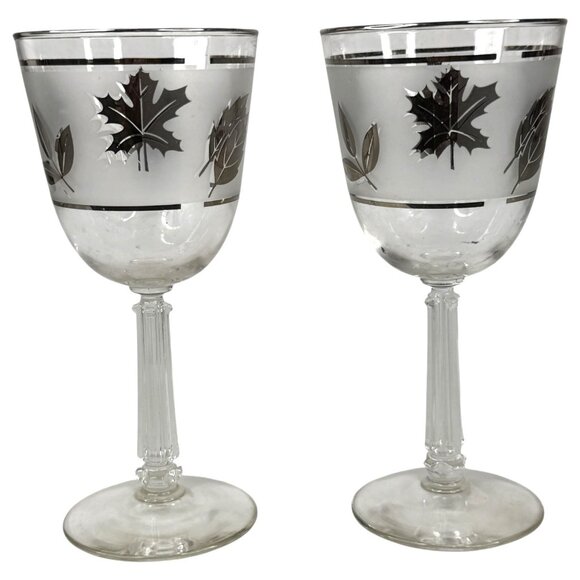 2 Libbey silver Leaf Frosted Water Glasses Wine Goblets Vintage Set MCM Barware - Picture 4 of 9